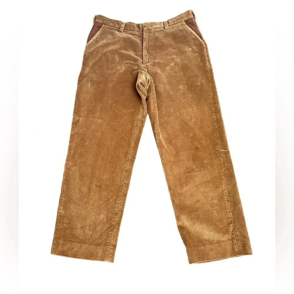 Orvis Dark Khaki Cotton Corduroy Pants Brown Leather Pockets Mens size 36 Waist